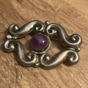 VTG AE Heart Mexico Sterling Silver Amethyst Brooch 2.5” Mid Century